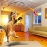 Фотография кошки, играющей с интерактивной игрушкой: Кошка играет с интерактивной игрушкой, которая обеспечивает обогащение среды